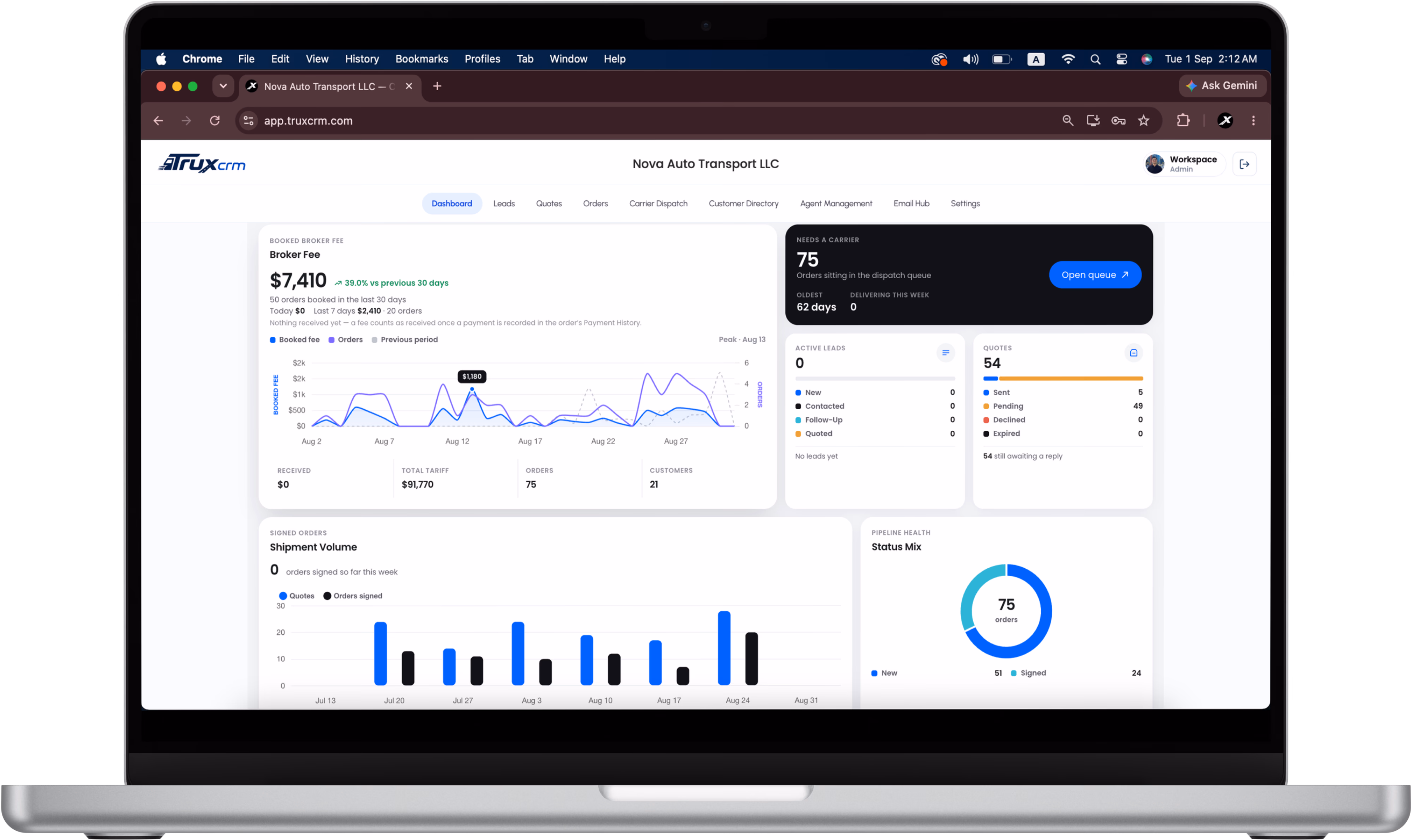 TruxCRM Active Order Dispatch Queue and Load Management Interface in the Best Auto Transport CRM