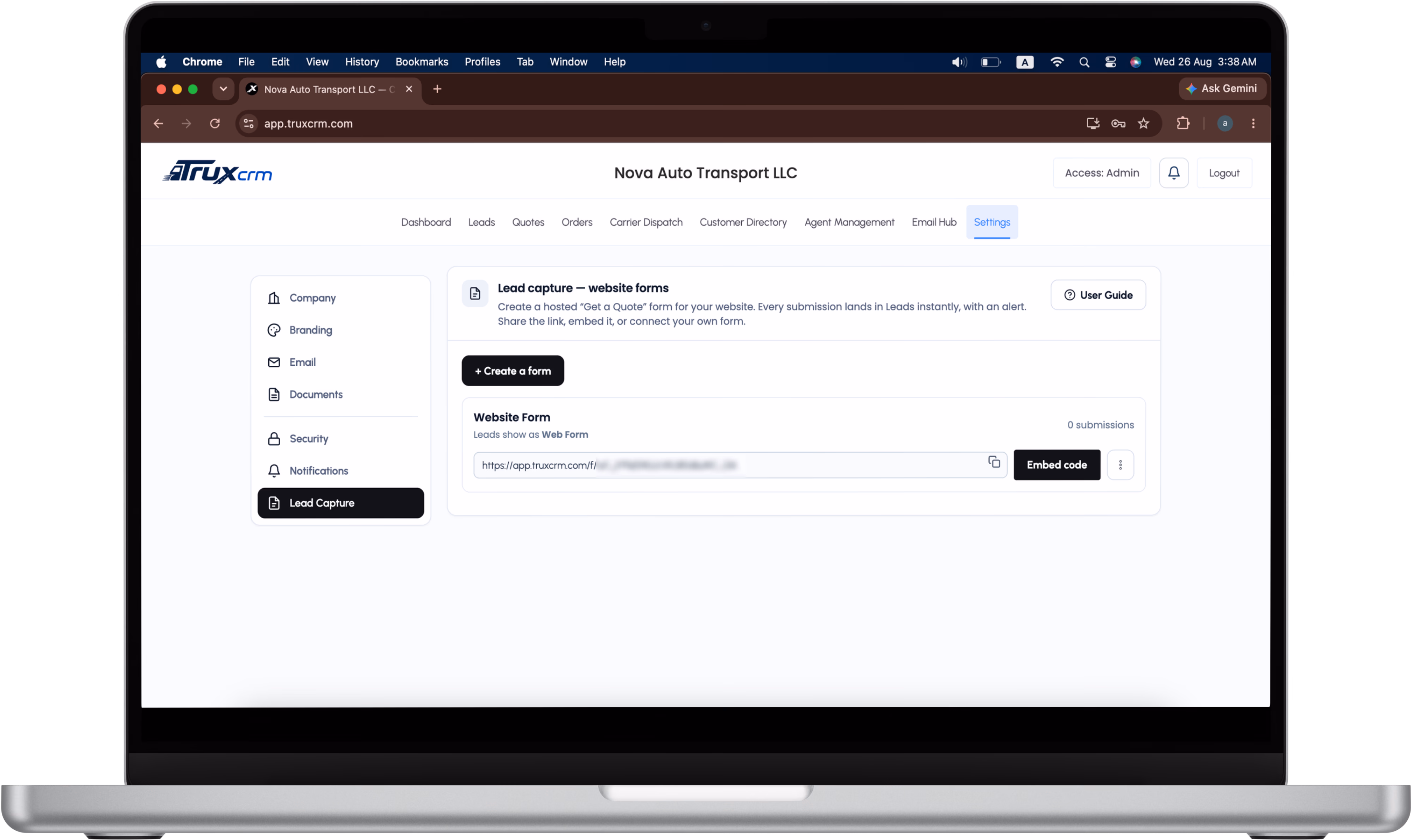 Auto transport CRM lead capture settings and website quote widget