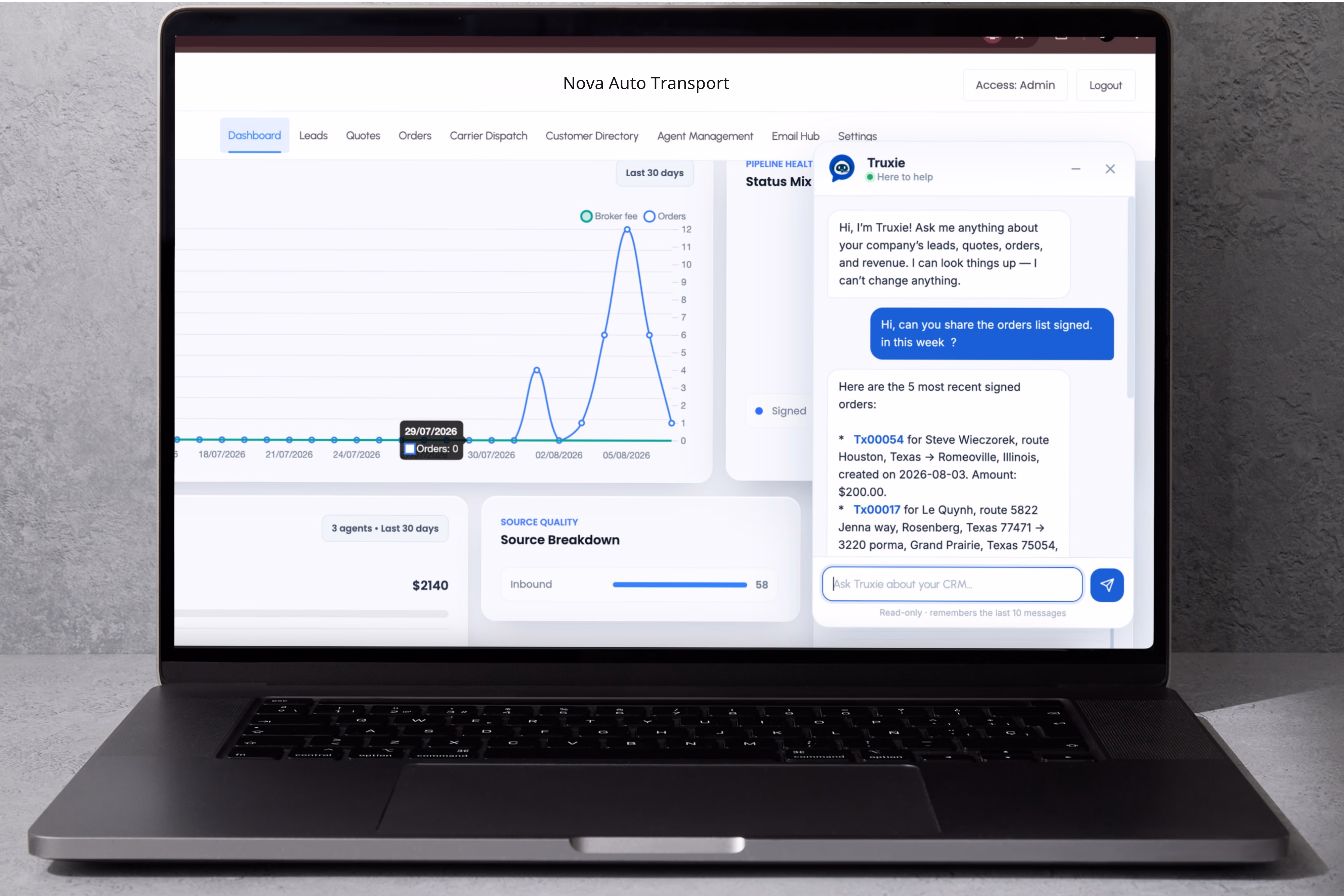 Truxie AI desktop assistant in the best auto transport CRM for brokers